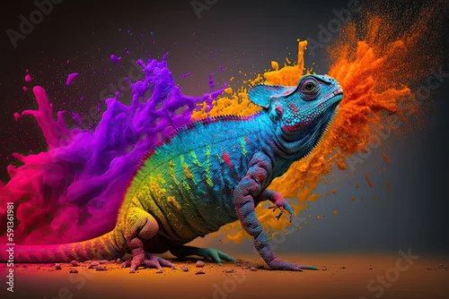 Fototapeta Colorful chameleon on a branch, a creative concept of adaptation and transformation. Generative AI