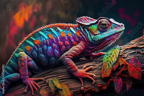Obraz Colorful chameleon on a branch, a creative concept of adaptation and transformation. Generative AI