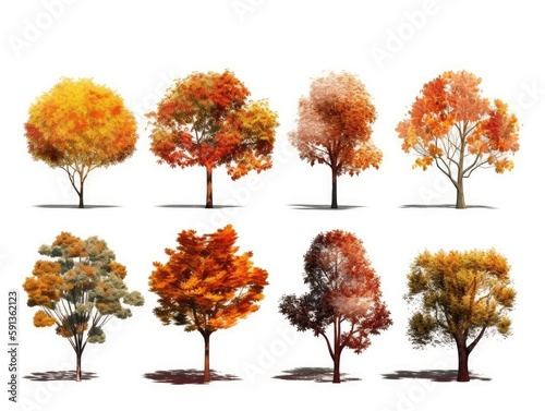 Set autumn yellow trees Isolated on white background, The collection of trees. Set of trees. Collection of natural design elements trees. generative ai