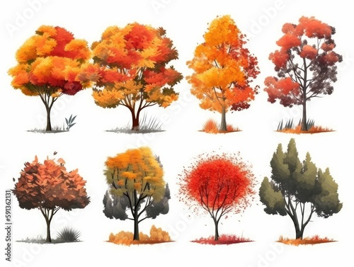 Set autumn yellow trees Isolated on white background, The collection of trees. Set of trees. Collection of natural design elements trees. generative ai © megavectors