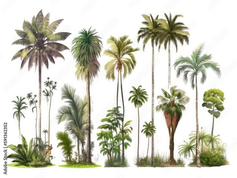 Set palm trees. Palm trees isolated on white background. generative ai