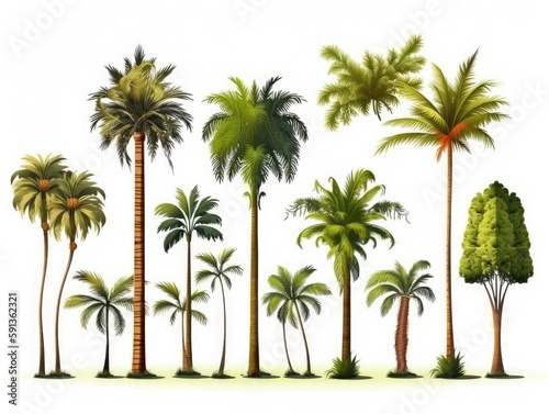 Set palm trees. Palm trees isolated on white background. generative ai