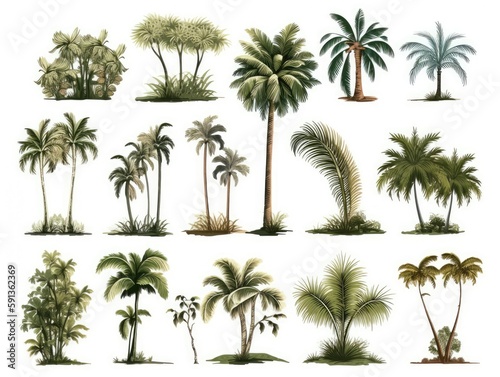 Set palm trees. Palm trees isolated on white background. generative ai