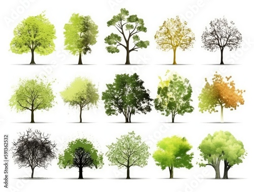 Set Isolated tree on white background, autumn and summer, green and yellow trees, The collection of trees. Collection of natural design elements trees. generative ai