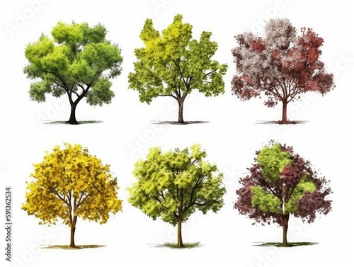 Set Isolated tree on white background, autumn and summer, green and yellow trees, The collection of trees. Collection of natural design elements trees. generative ai