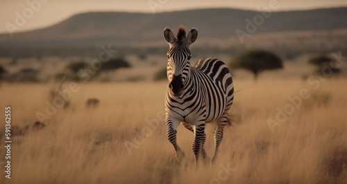 A zebra running on the African grasslands