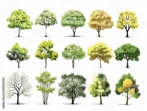 Set Isolated tree on white background  autumn and summer  green and yellow trees  The collection of trees. Collection of natural design elements trees. generative ai