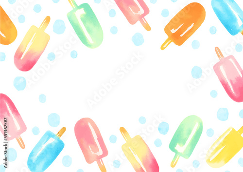 水彩手描きのアイスキャンディのイラスト　白い背景　夏