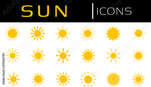 Sun icon set. Vector flat design. Collection of sun stars for use in as logo or weather icon. Yellow suns circles, bright natural lighting objects.