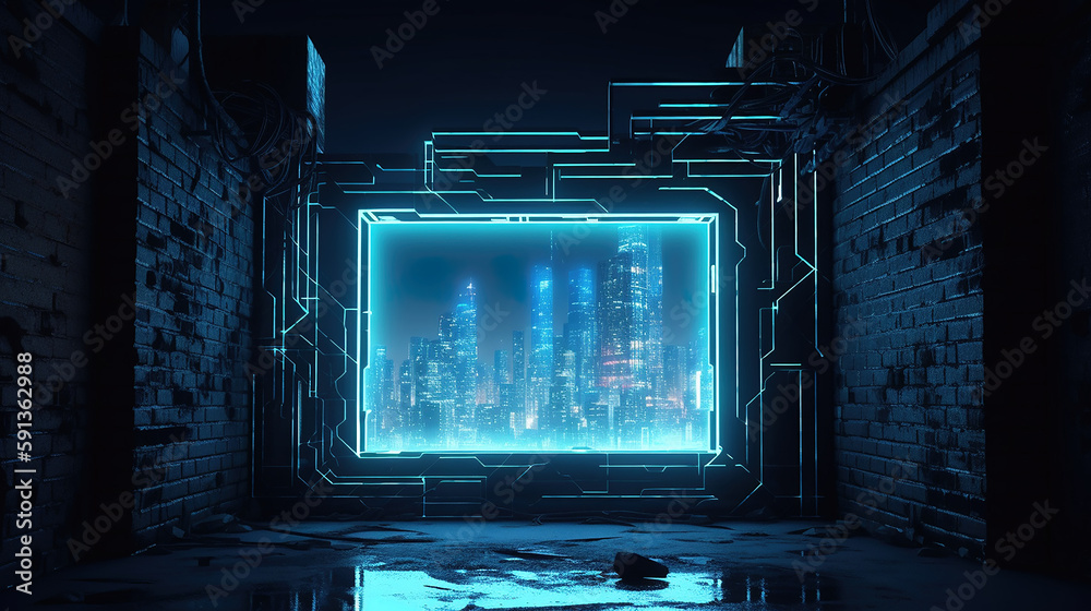 Obraz premium neon light with brick wall background, generative AI Technology