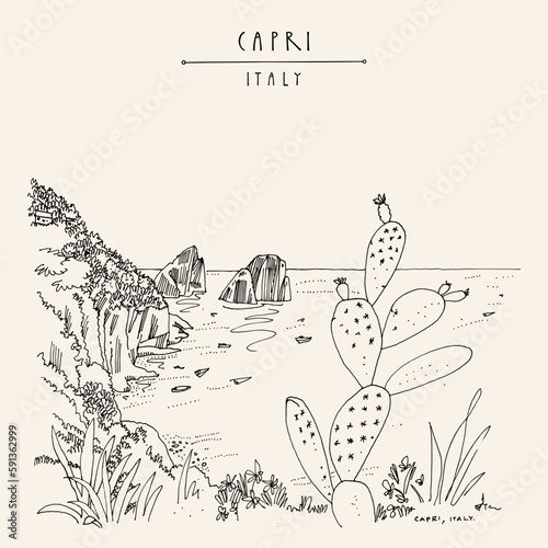 Vector Capri near Naples, South Italy, postcard. Boats in the sea, rocks, cactus and flowers on a summer day. Italian hand drawn travel sketch. Vintage artistic poster template, brochure illustration
