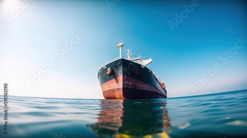 Low angle view on huge fuel tanker ship in the sea. Generative AI