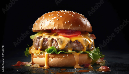 Cheesy hamburger on black background with studio lighting. Food and delivery concept. Generative AI