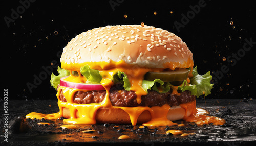Cheesy hamburger on black background with studio lighting. Food and delivery concept. Generative AI