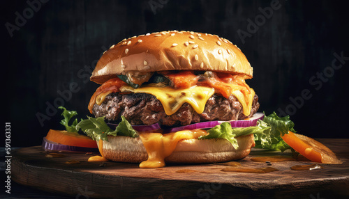 Cheesy hamburger on black background with studio lighting. Food and delivery concept. Generative AI