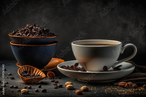 cup of freshly brewed coffee next to a bowl of roasted coffee beans. Generative AI