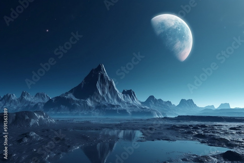 Fantasy Landscape Of Distant Planet With Mountain And Big Blue Moon Behind, Made Using Generative Ai