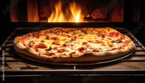 Pepperoni pizza in the charcoal oven on black background with studio lighting. Food and delivery concept. Generative AI