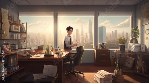 an employee look out the window in the office illustration, generative AI technology