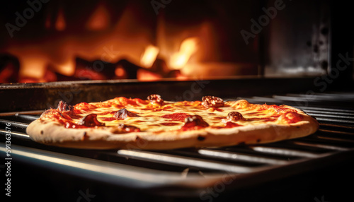 Pepperoni pizza in the charcoal oven on black background with studio lighting. Food and delivery concept. Generative AI