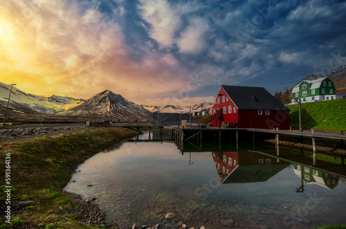 Fototapeta Naklejka Na Ścianę i Meble -  Siglufjordur is a small fishing village in the north of Iceland that has established itself as the most picturesque on the Trollaskagi Peninsula. Herring Era Museum