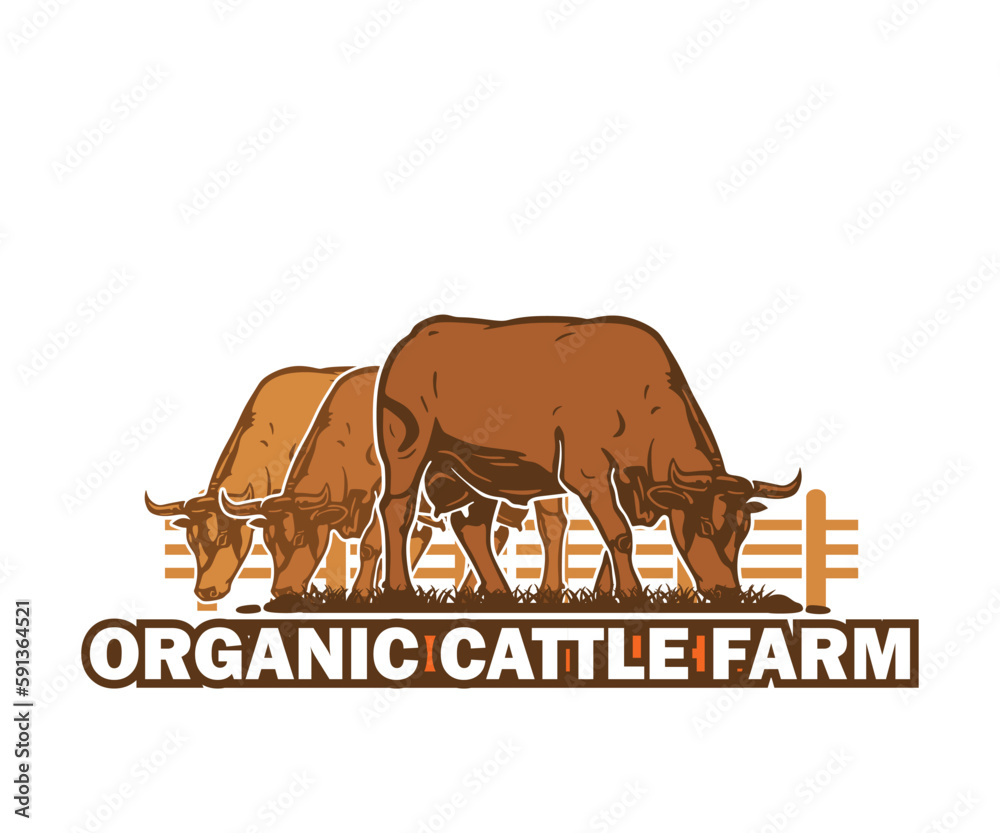 ORGANIC CATTLE FARM LOGO, silhouette of great cow eating grass vector illustrations