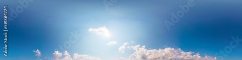 Blue summer sky panorama with light Cumulus clouds. Hdr seamless spherical 360 panorama. Sky dome or zenith for 3D visualization and sky replacement for aerial drone 360 panoramas.