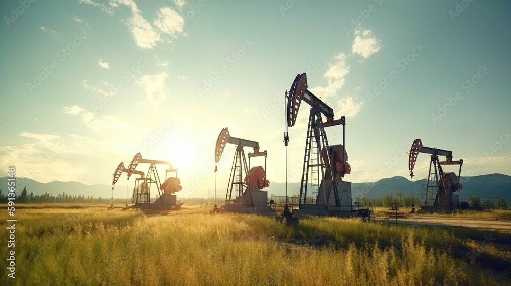 Working oil pumps in mountains. Natural resources industry. Oil rig. Generative AI Working oil pumps in mountains. Natural resources industry. Oil rig. Generative AI