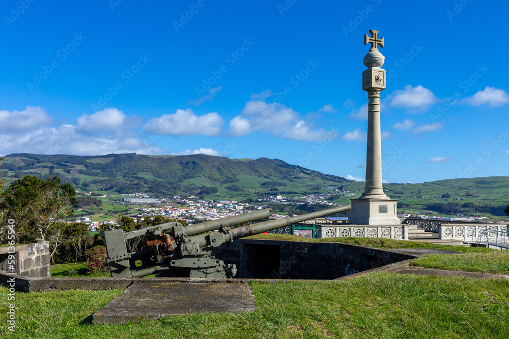 View of the city of Angra do Heroismo. Peak of the Crosses on Mount Brazil. Historic fortified city and the capital of the Portuguese island of Terceira. Azores. Portugal.