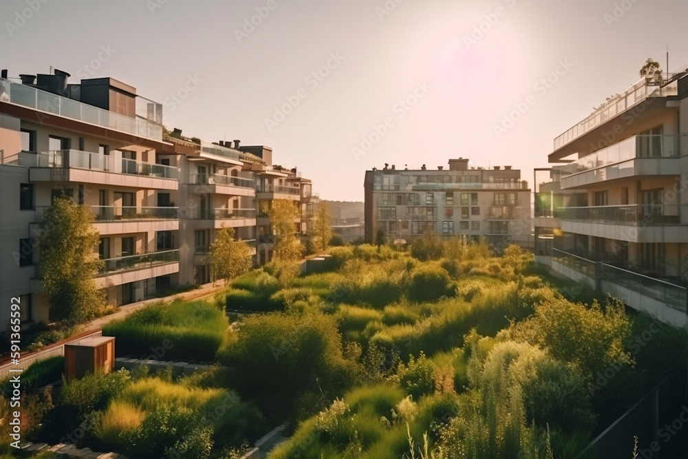Environmental Residential City District With Green Terraces Of Flats At Sunlight, Made Using Generative Ai
