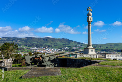 View of the city of Angra do Heroismo. Peak of the Crosses on Mount Brazil. Historic fortified city and the capital of the Portuguese island of Terceira. Azores. Portugal. photo