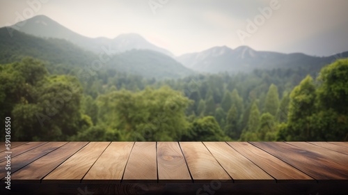 Wood table mockup with scenic green forest on background. Empty copy space for product presentation. Generative AI