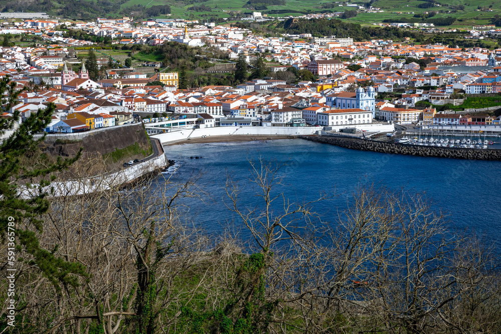 View of the city of Angra do Heroismo. Historic fortified city and the capital of the Portuguese island of Terceira in the Autonomous Region of the Azores. Portugal.