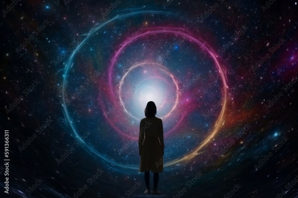 Woman Standing In The Middle Of Magic Circle In Cosmic Starry Space, Made Using Generative Ai