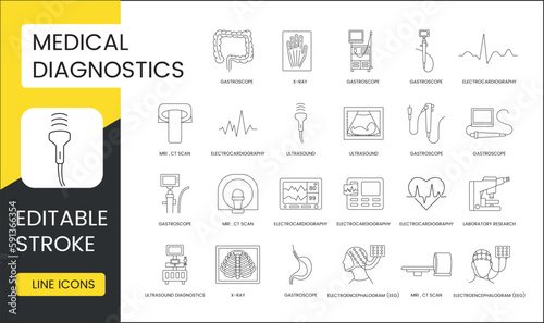 Medical diagnostics line icon set in vector, gastroscope and gastroscope, ultrasound and electrocardiography, gastroscope and x-ray, laboratory research. Editable stroke.