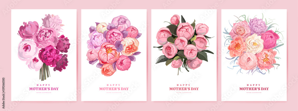 Mother's day poster or banner set with hand drawn bouquet of flowers on white background