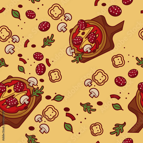 Cooking pizza with vegetables and salami print