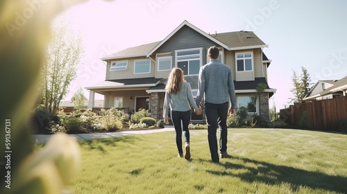 Young Family Looking at Their New Home. Generative AI