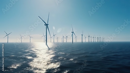 Offshore Windmill farm in the ocean, windmills isolated at sea on a sunny day. Generative AI
