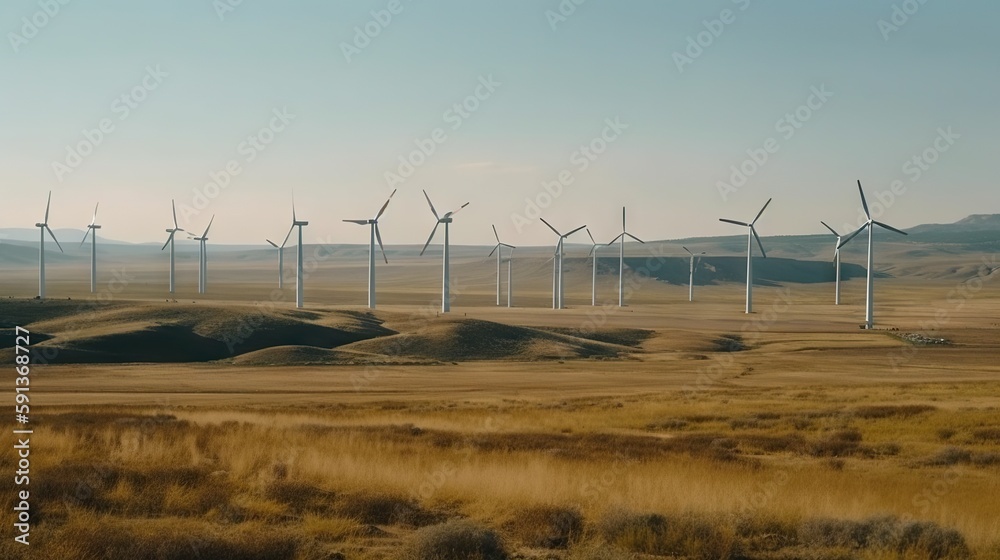 Windmill farm in the steppe against the blue sky. Renewable energy. Generative AI