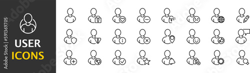 Set of outline icons about users, internet personality, user interface. Simple symbols with black color contour. Vector illustration. EPS 10