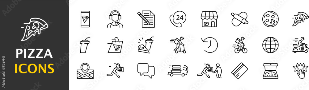 Collection of vector pizza delivery on white background. Set of simple icons in silhouette. Vector illustration. EPS 10