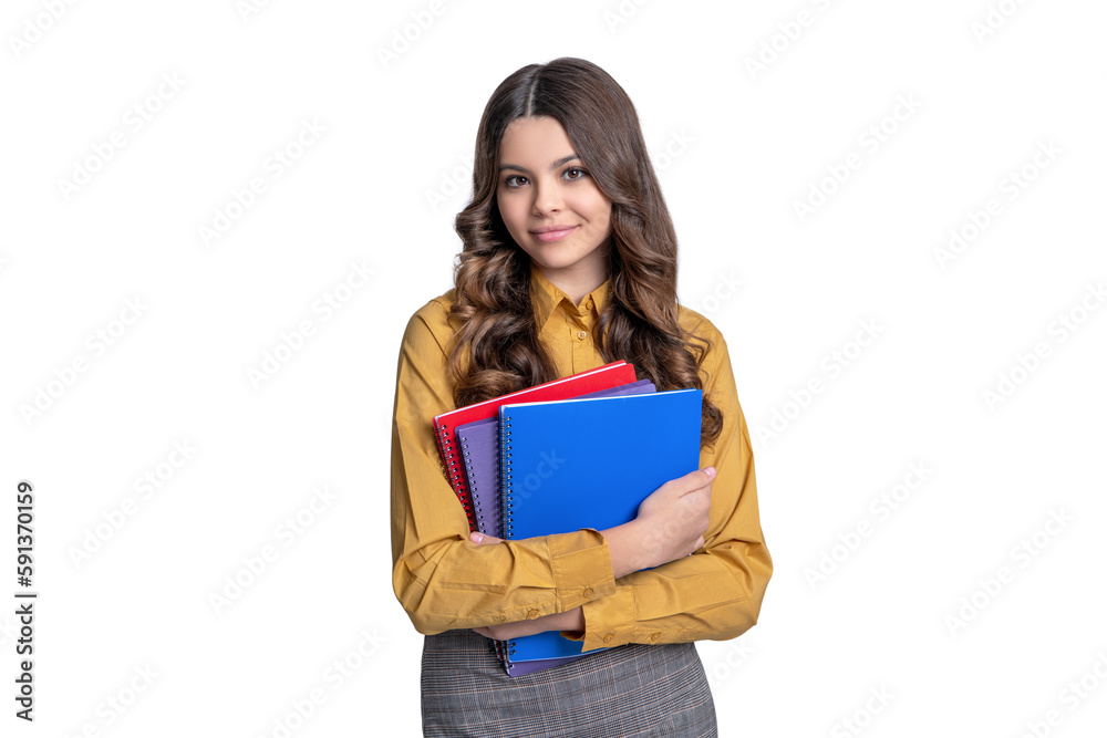 glad school student girl on background. photo of school student girl with homework.