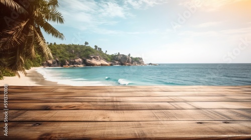 Wood table mockup with tropical paradise beach on background. Empty copy space for product presentation. Generative AI