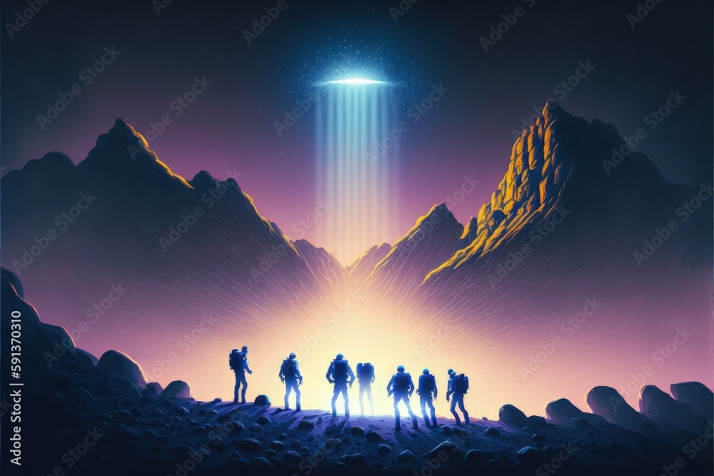 Fototapeta premium Space explorers walking towards unknown beam of light in sci-fi setting. Fantasy concept , Illustration painting. Generative AI