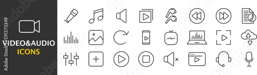 Collection of audio and video icons. Simple black symbols. Vector illustration. EPS 10