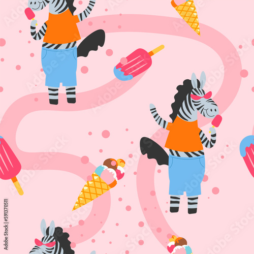 Vibrant zebra with ice cream dessert, vectors