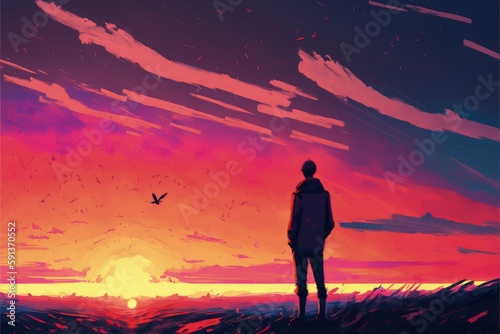 Solitary man gazing at fiery sunset. Fantasy concept , Illustration painting. Generative AI © X-Poser