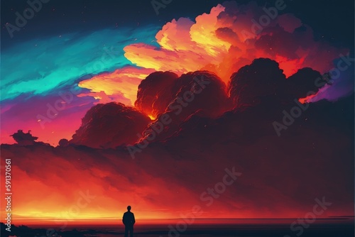 Solitary man gazing at fiery sunset. Fantasy concept , Illustration painting. Generative AI