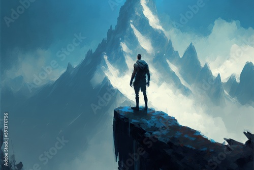 Man on mountain summit viewing peaks in distance. Fantasy concept , Illustration painting. Generative AI
